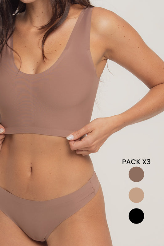 Pack x 3 Corpiño top invisible con gancho segunda piel - Negro Choco Nude